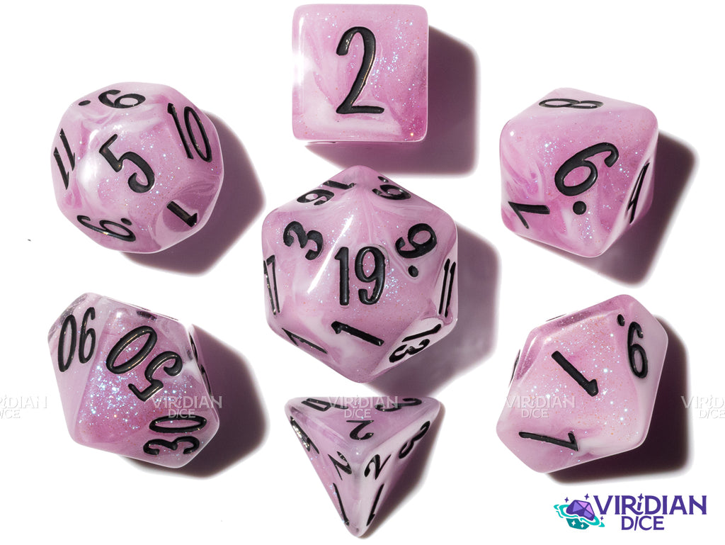 Tulip (Bloom & Blossom) | Pink & White Swirl w Black Ink | Resin Dice Set (7)