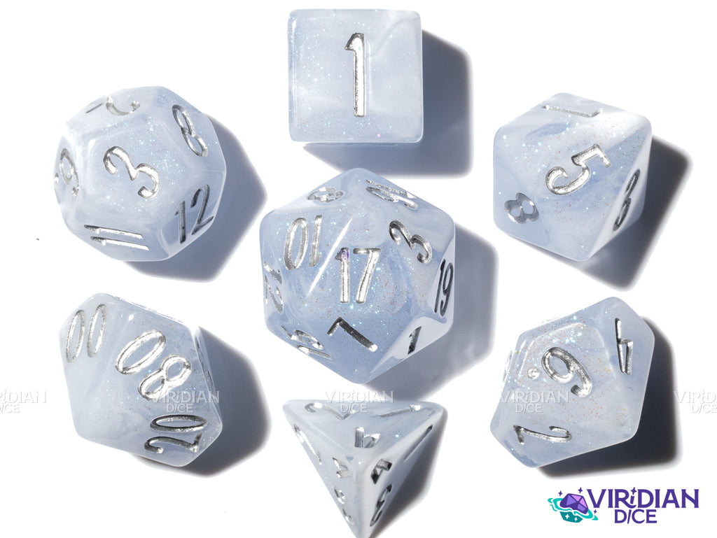 Frozen Hydrangea (Bloom & Blossom) | Light Blue & White Swirl w Silver Ink | Resin Dice Set (7)