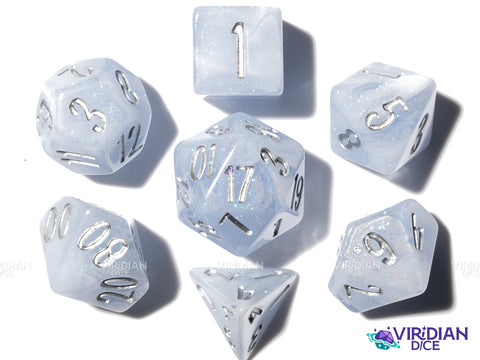 Frozen Hydrangea (Bloom & Blossom) | Light Blue & White Swirl w Silver Ink | Resin Dice Set (7)