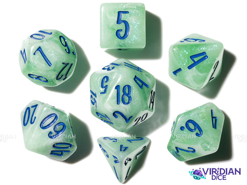Lillypad (Bloom & Blossom) | Green & White Swirl w Blue Ink | Resin Dice Set (7)