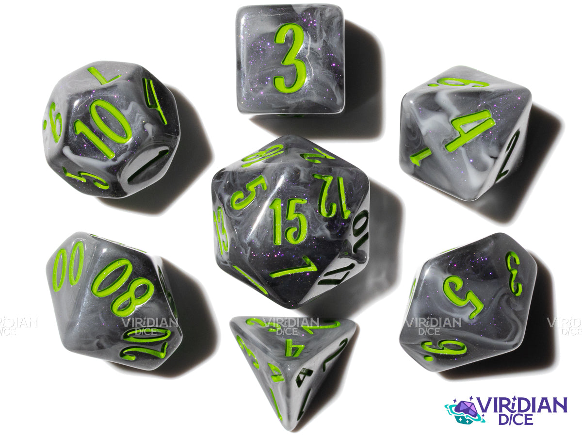 Avenger with Green! (Blossom & Bloom) | Black Swirl, Green Ink | Resin Polyhedral Set of (7)