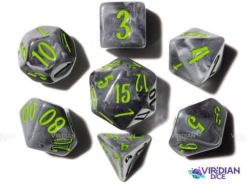 Avenger with Green! (Blossom & Bloom) | Black Swirl, Green Ink | Resin Polyhedral Set of (7)