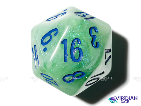 Lillypad D20 (Bloom & Blossom) | Green & White Swirl w Blue Ink | Giant D20 (1)