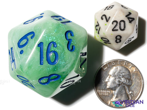 Lillypad D20 (Bloom & Blossom) | Green & White Swirl w Blue Ink | Giant D20 (1)