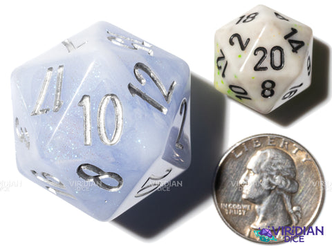 Frozen Hydrangea D20 (Bloom & Blossom) | Light Blue & White Swirl w Silver Ink | Resin Dice Set (7) (Copy)