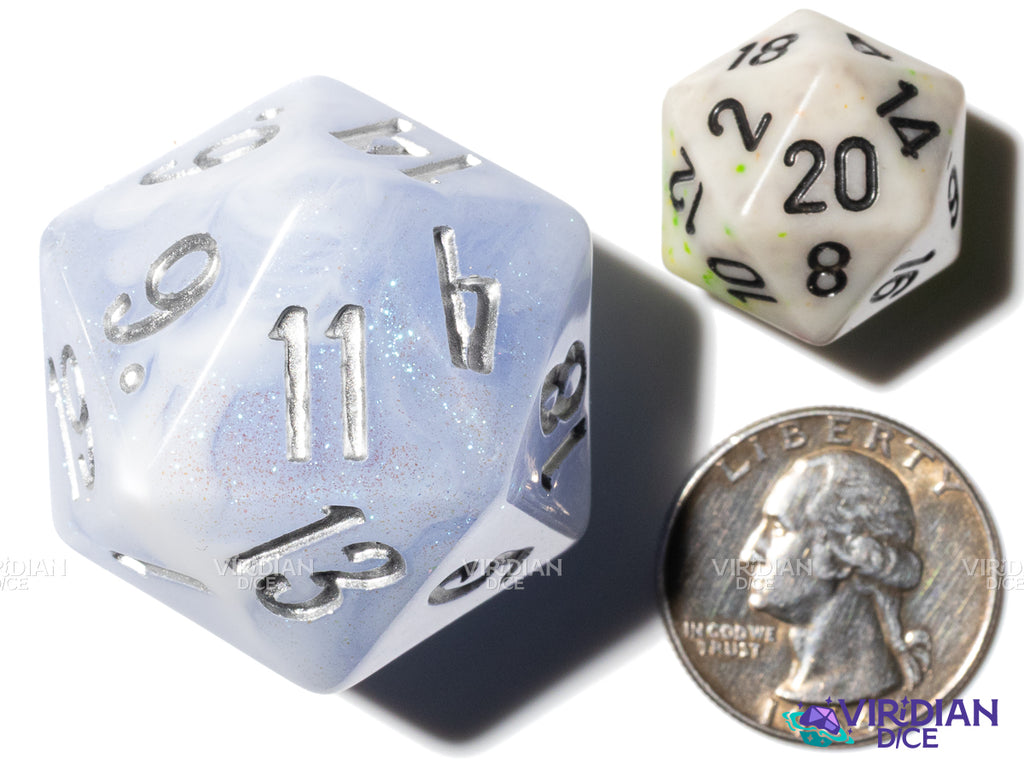 Frozen Hydrangea D20 (Bloom & Blossom) | Light Blue & White Swirl w Silver Ink | Resin Dice Set (7) (Copy)