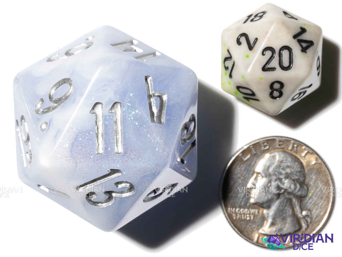 Frozen Hydrangea D20 (Bloom & Blossom) | Light Blue & White Swirl w Silver Ink | Resin Dice Set (7) (Copy)