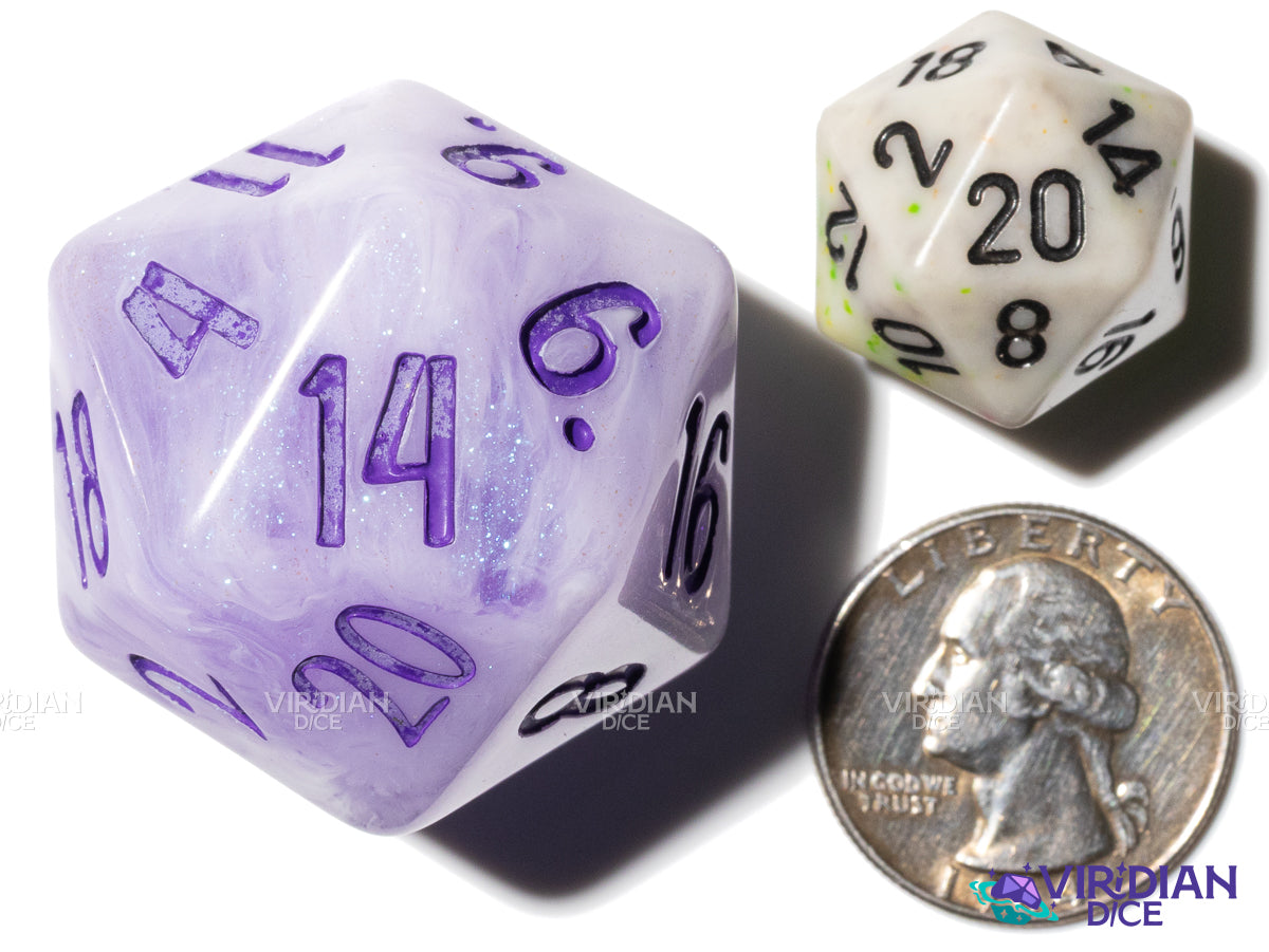 Lavender D20 (B-Grade) (Bloom & Blossom) | Purple & White Swirl w Pastel Purple Ink | Resin Dice Set (7) (Copy)