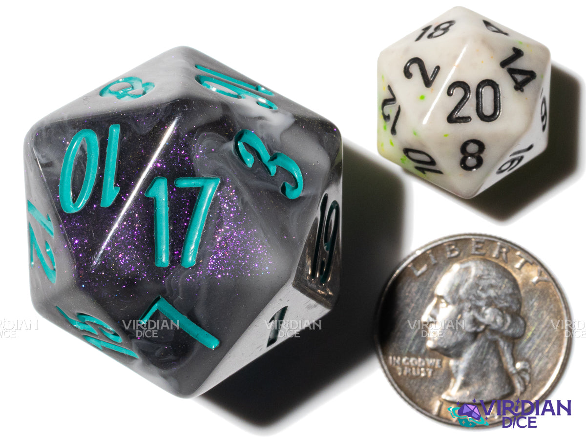 The Amazing Avenger... Oops, with Teal! D20 (Blossom & Bloom) | Black Swirl, Teal Ink | Large Resin D20 (1)