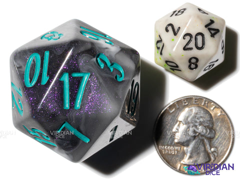 The Amazing Avenger... Oops, with Teal! D20 (Blossom & Bloom) | Black Swirl, Teal Ink | Large Resin D20 (1)