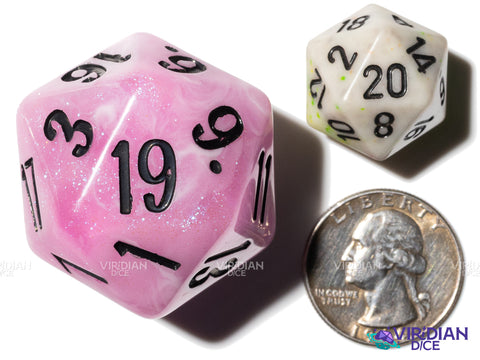 Tulip D20 (Bloom & Blossom) | Pink & White Swirl w Black Ink | Giant D20 (1)
