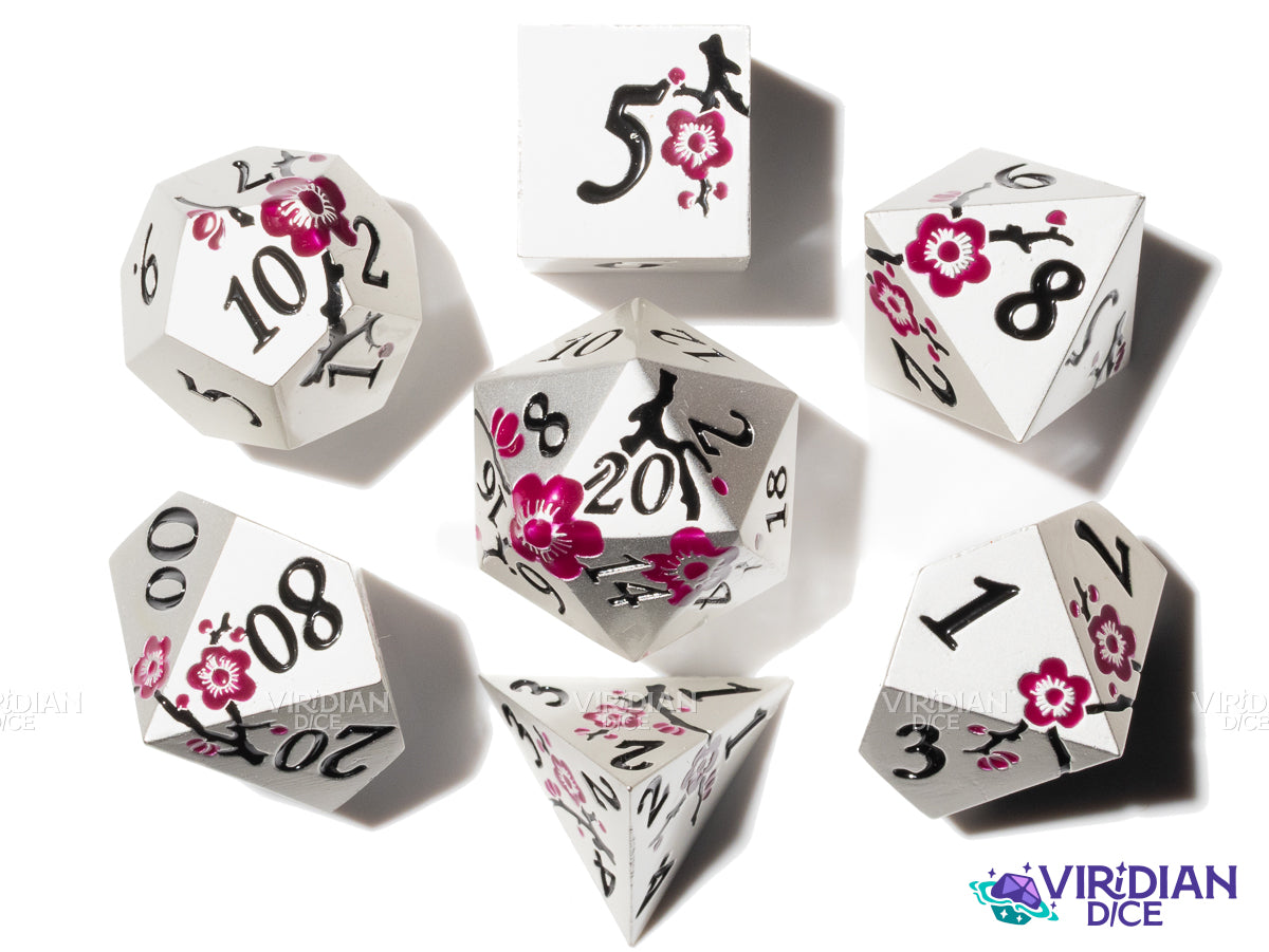 Amethyst Bloom | Shiny Light-Silver, Purple Flower Design, Black Branches | Metal Dice Set (7)