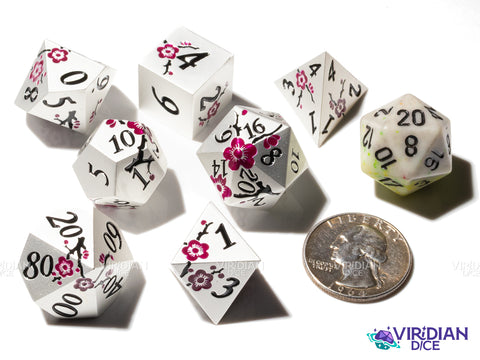 Amethyst Bloom | Shiny Light-Silver, Purple Flower Design, Black Branches | Metal Dice Set (7)