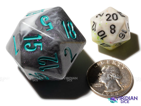 The Amazing Avenger... Oops, with Teal! D20 (Blossom & Bloom) | Black Swirl, Teal Ink | Large Resin D20 (1)
