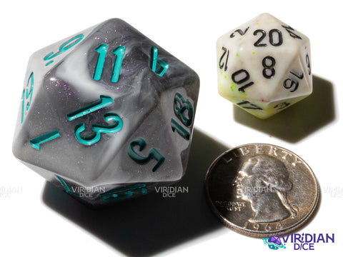 The Amazing Avenger... Oops, with Teal! D20 (Blossom & Bloom) | Black Swirl, Teal Ink | Large Resin D20 (1)