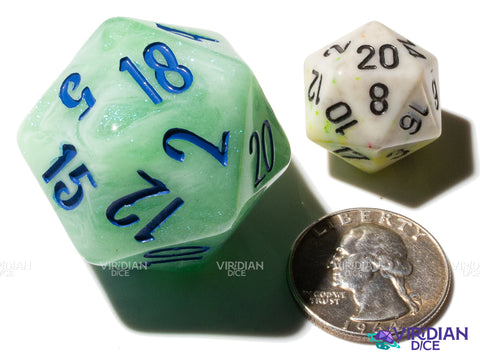 Lillypad D20 (Bloom & Blossom) | Green & White Swirl w Blue Ink | Giant D20 (1)