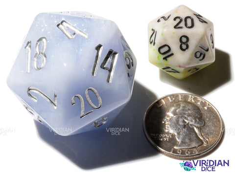 Frozen Hydrangea D20 (Bloom & Blossom) | Light Blue & White Swirl w Silver Ink | Resin Dice Set (7) (Copy)