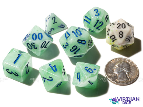 Lillypad (Bloom & Blossom) | Green & White Swirl w Blue Ink | Resin Dice Set (7)