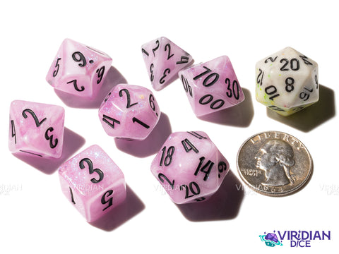Tulip (Bloom & Blossom) | Pink & White Swirl w Black Ink | Resin Dice Set (7)