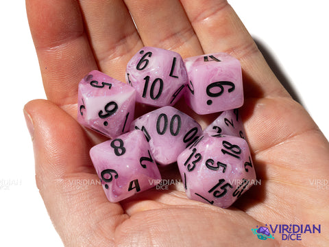 Tulip (Bloom & Blossom) | Pink & White Swirl w Black Ink | Resin Dice Set (7)