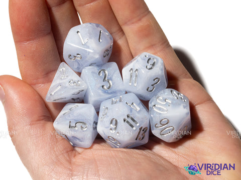 Frozen Hydrangea (Bloom & Blossom) | Light Blue & White Swirl w Silver Ink | Resin Dice Set (7)