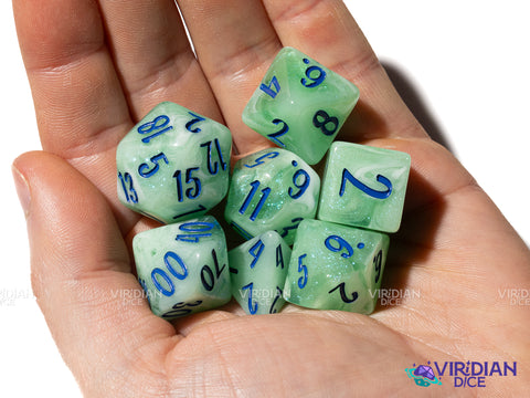 Lillypad (Bloom & Blossom) | Green & White Swirl w Blue Ink | Resin Dice Set (7)