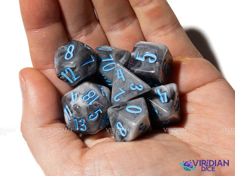 Avenger with Blue! (Blossom & Bloom) | Black Swirl, Blue Ink | Resin Polyhedral Set of (7)