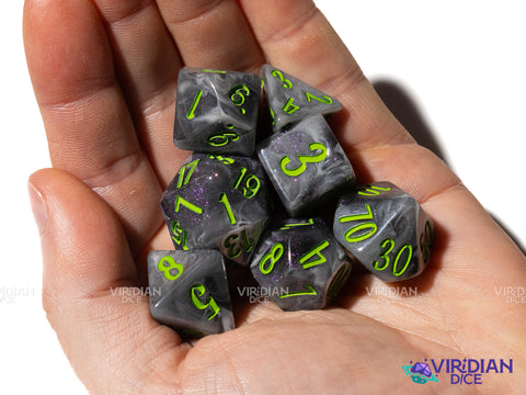 Avenger with Green! (Blossom & Bloom) | Black Swirl, Green Ink | Resin Polyhedral Set of (7)