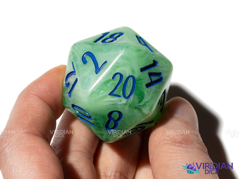Lillypad D20 (Bloom & Blossom) | Green & White Swirl w Blue Ink | Giant D20 (1)