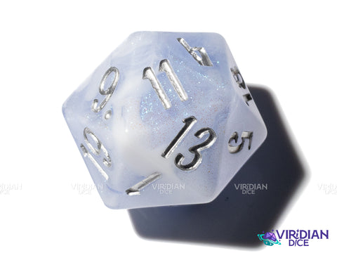 Frozen Hydrangea D20 (Bloom & Blossom) | Light Blue & White Swirl w Silver Ink | Resin Dice Set (7) (Copy)