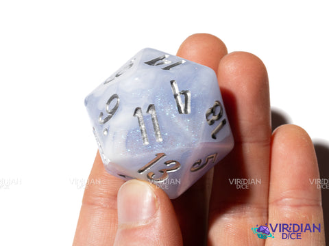 Frozen Hydrangea D20 (Bloom & Blossom) | Light Blue & White Swirl w Silver Ink | Resin Dice Set (7) (Copy)