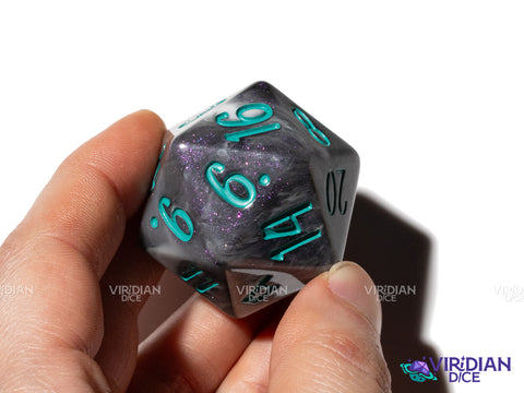 The Amazing Avenger... Oops, with Teal! D20 (Blossom & Bloom) | Black Swirl, Teal Ink | Large Resin D20 (1)