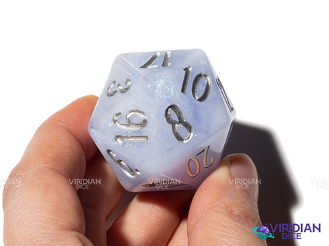 Frozen Hydrangea D20 (Bloom & Blossom) | Light Blue & White Swirl w Silver Ink | Resin Dice Set (7) (Copy)