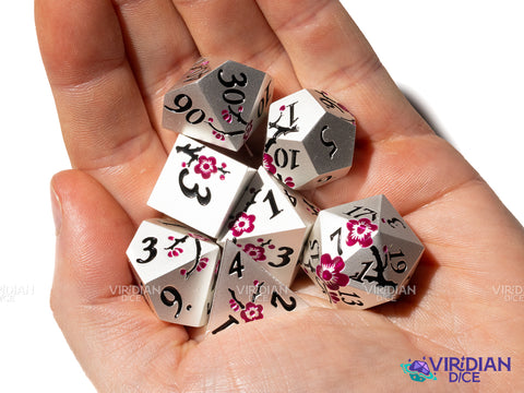 Amethyst Bloom | Shiny Light-Silver, Purple Flower Design, Black Branches | Metal Dice Set (7)