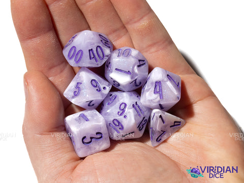 Lavender (B-Grade) (Bloom & Blossom) | Purple & White Swirl w Pastel Purple Ink | Resin Dice Set (7)