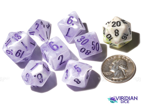 Lavender (B-Grade) (Bloom & Blossom) | Purple & White Swirl w Pastel Purple Ink | Resin Dice Set (7)