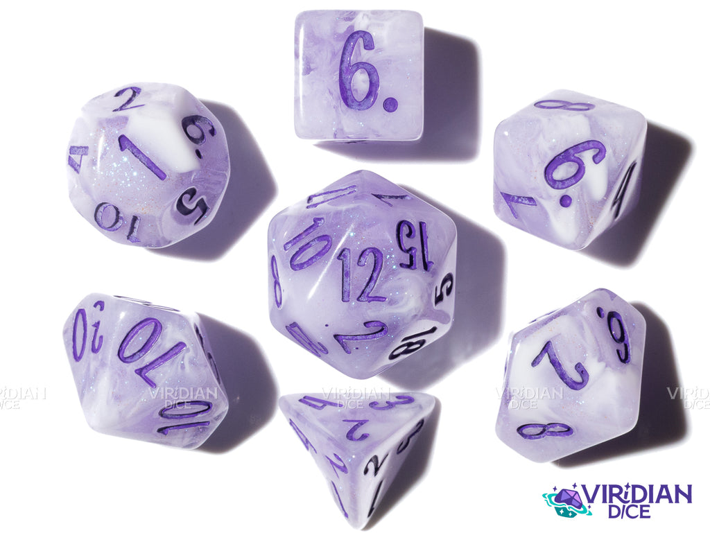 Lavender (B-Grade) (Bloom & Blossom) | Purple & White Swirl w Pastel Purple Ink | Resin Dice Set (7)