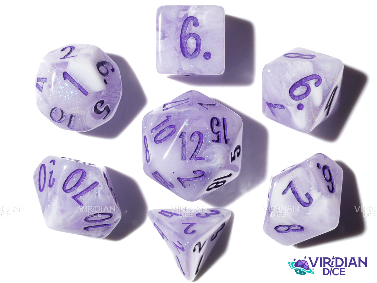 Lavender (B-Grade) (Bloom & Blossom) | Purple & White Swirl w Pastel Purple Ink | Resin Dice Set (7)