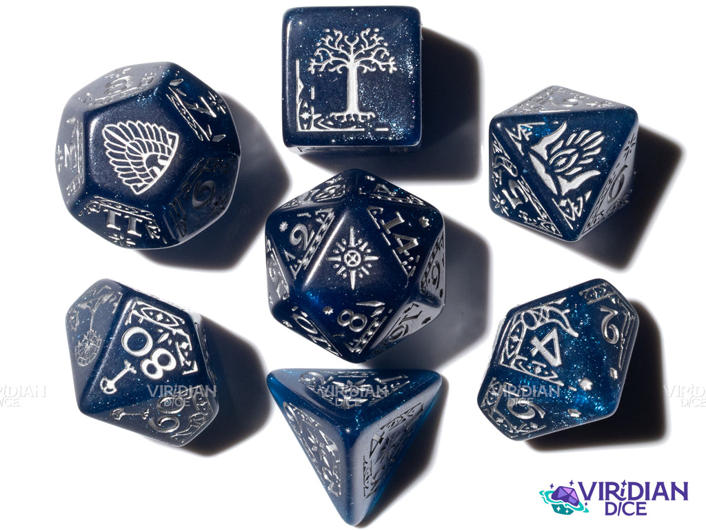 Gondor | The Lord of the Rings (LOTR) | Sparkly Blue, Silver Ink | Polyhedral Dice Set (7)