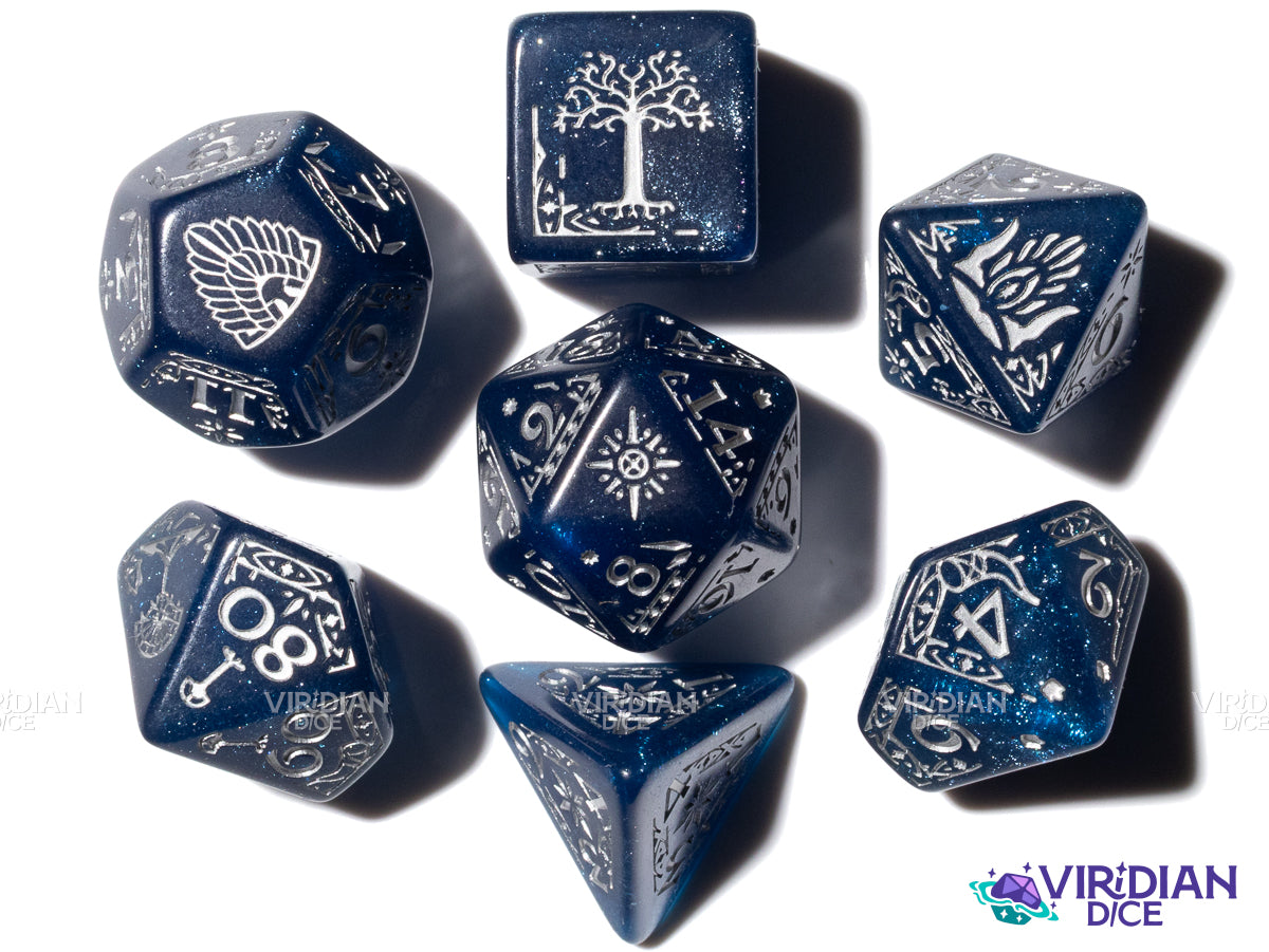 Gondor | The Lord of the Rings (LOTR) | Sparkly Blue, Silver Ink | Polyhedral Dice Set (7)