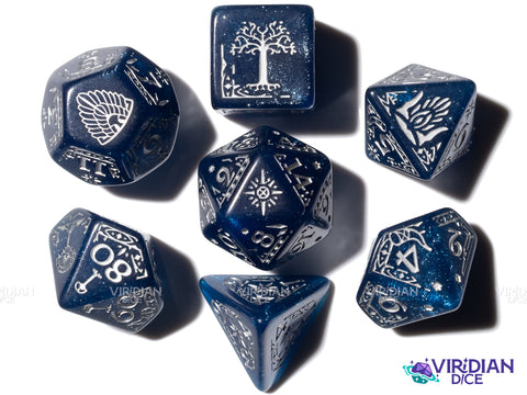 Gondor | The Lord of the Rings (LOTR) | Sparkly Blue, Silver Ink | Polyhedral Dice Set (7)