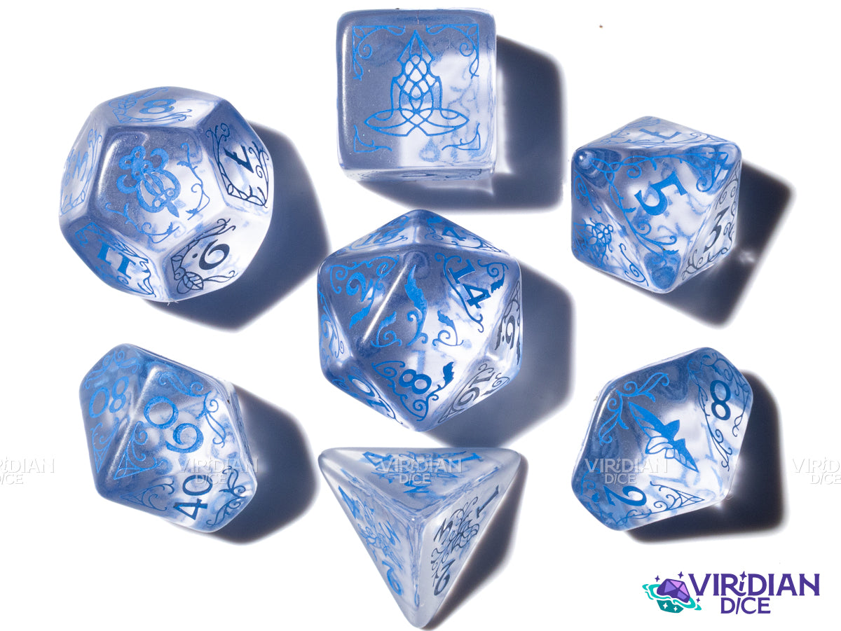 Rivendell (Water) | The Lord of the Rings (LOTR) | Clear, Blue Ink | Polyhedral Dice Set (7)