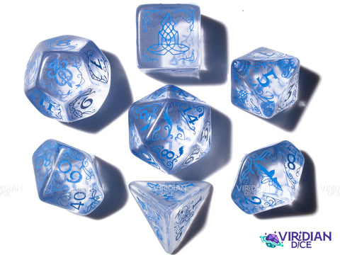 Rivendell (Water) | The Lord of the Rings (LOTR) | Clear, Blue Ink | Polyhedral Dice Set (7)