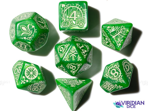 The Shire | The Lord of the Rings (LOTR) | Green Pearled, Cream Ink | Polyhedral Dice Set (7)