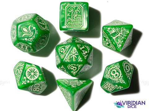 The Shire | The Lord of the Rings (LOTR) | Green Pearled, Cream Ink | Polyhedral Dice Set (7)