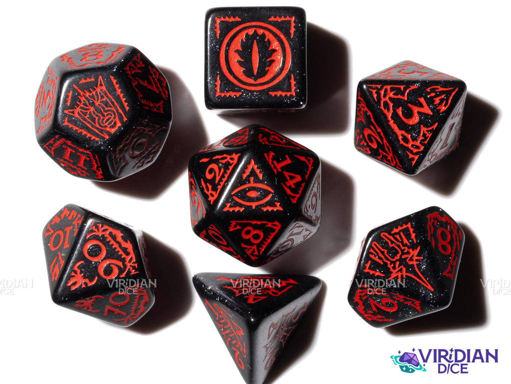 Mordor | The Lord of the Rings (LOTR) | Black Sparkly, Red Ink | Polyhedral Dice Set (7)