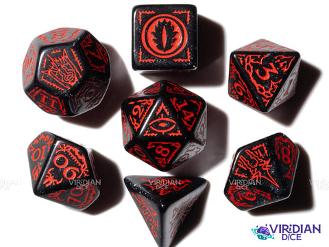 Mordor | The Lord of the Rings (LOTR) | Black Sparkly, Red Ink | Polyhedral Dice Set (7)