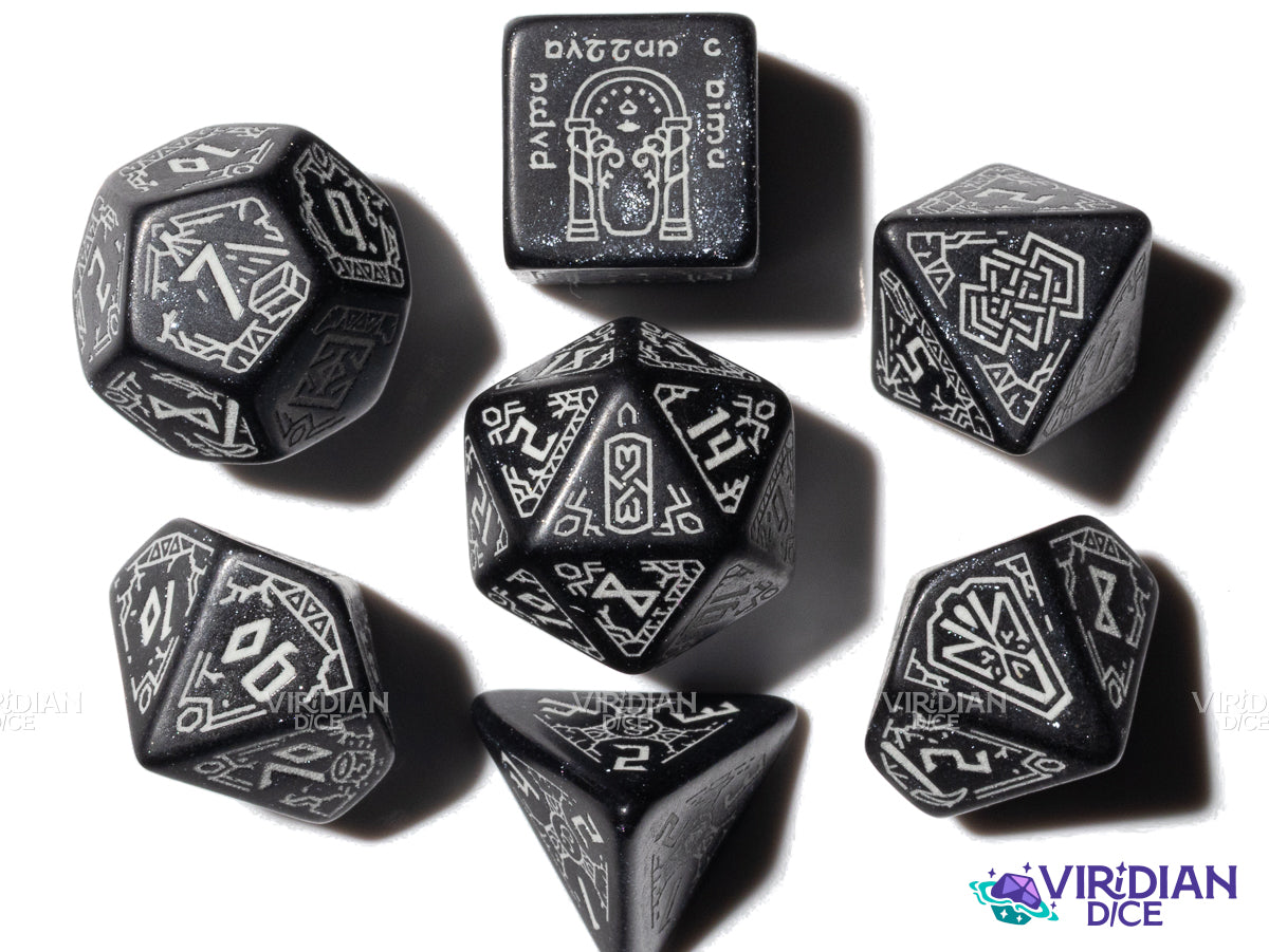 Moria | The Lord of the Rings (LOTR) | Dwarven, Black, Glow In The Dark, White Ink | Polyhedral Dice Set (7)