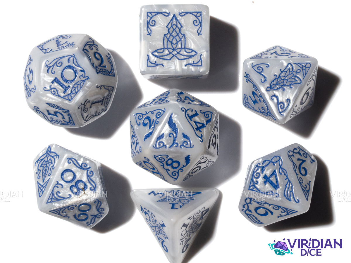 Rivendell (Stone) | The Lord of the Rings (LOTR) | Pearled White, Blue Ink | Polyhedral Dice Set (7)