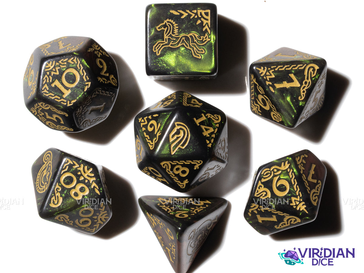 Rohan | The Lord of the Rings (LOTR) | Shimmery Green, Yellow Ink | Polyhedral Dice Set (7)